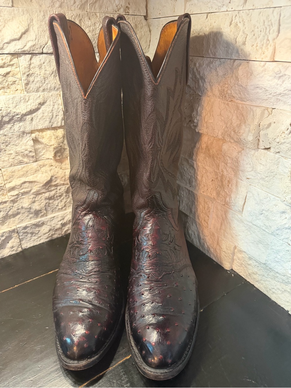 Lucchese 1883 Vintage Full Quill Ostrich Men's Black Cherry Boots Size 8 EE
